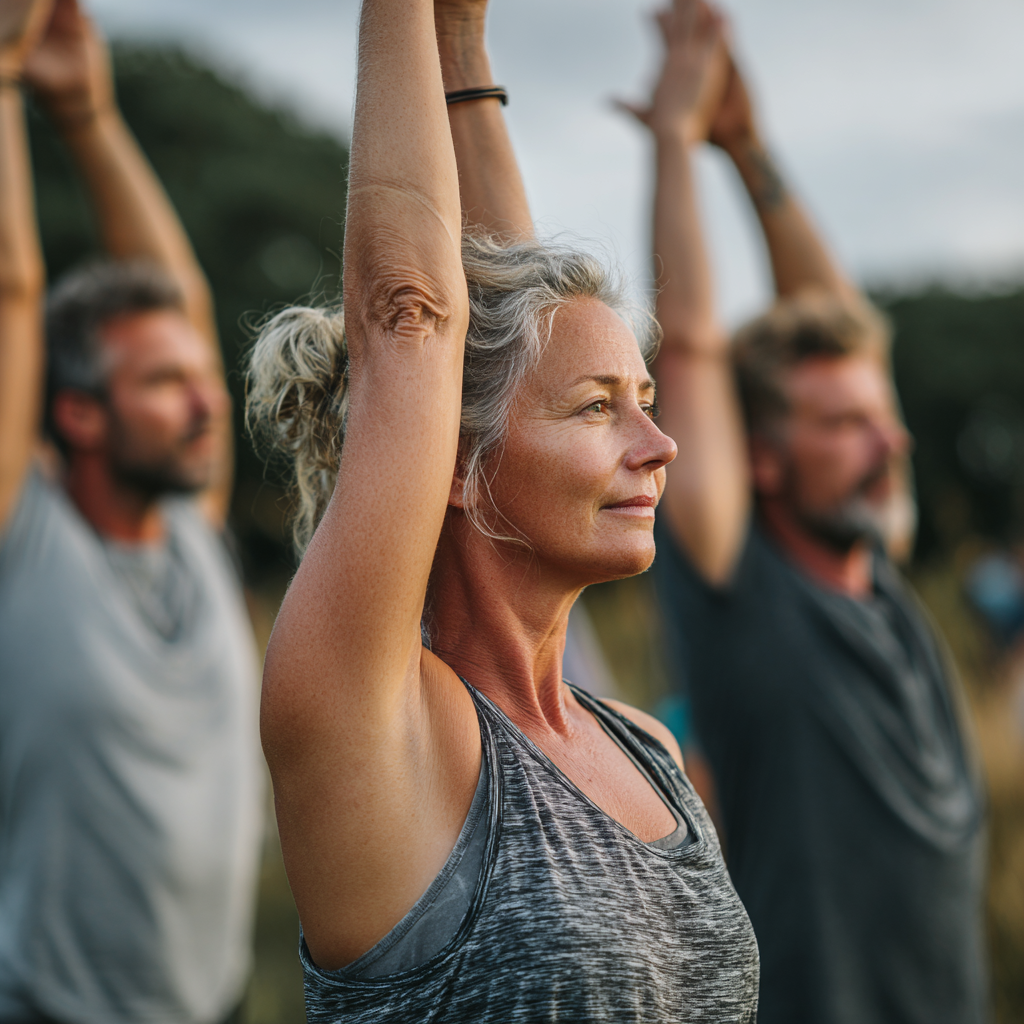 Experienced yoga instructors in their forties guiding gentle stretching practice outdoors