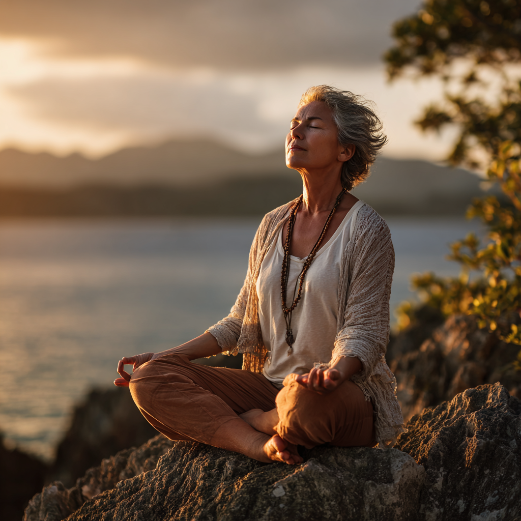 Mature woman practicing peaceful yoga meditation in serene natural environment